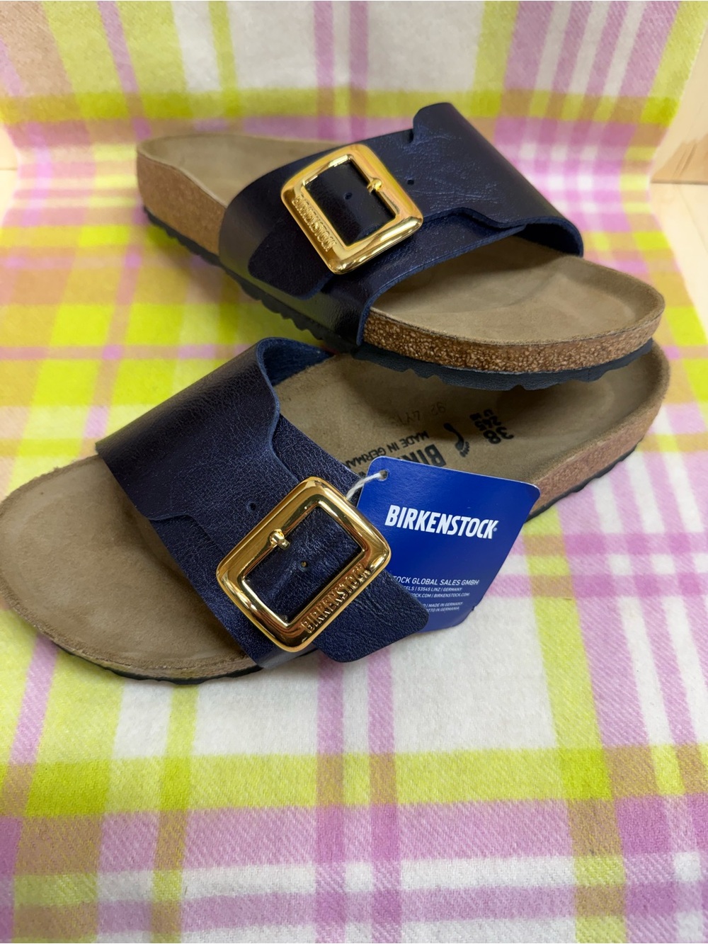 Birkenstock Navy Madrid Sandals with Gold Buckle NWT 38
